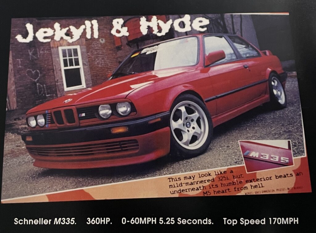 Red BMW M335 with custom modifications, showcasing its sporty design and performance specifications, including "360HP," "0-60MPH in 5.25 seconds," and "Top Speed 170MPH," against a gritty urban backdrop, emphasizing Schneller BMW's expertise in high-performance tuning.