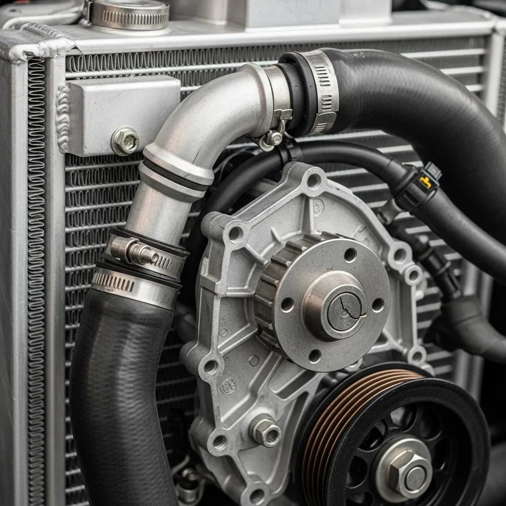 Close-up of BMW cooling system parts — water pump, hoses and thermostat — for regular inspections