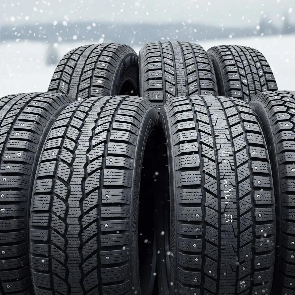 Close-up of winter tires suitable for BMWs, highlighting tread pattern and winter capability