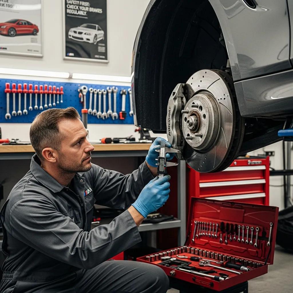 Technician inspecting BMW brake components in the workshop at Schneller