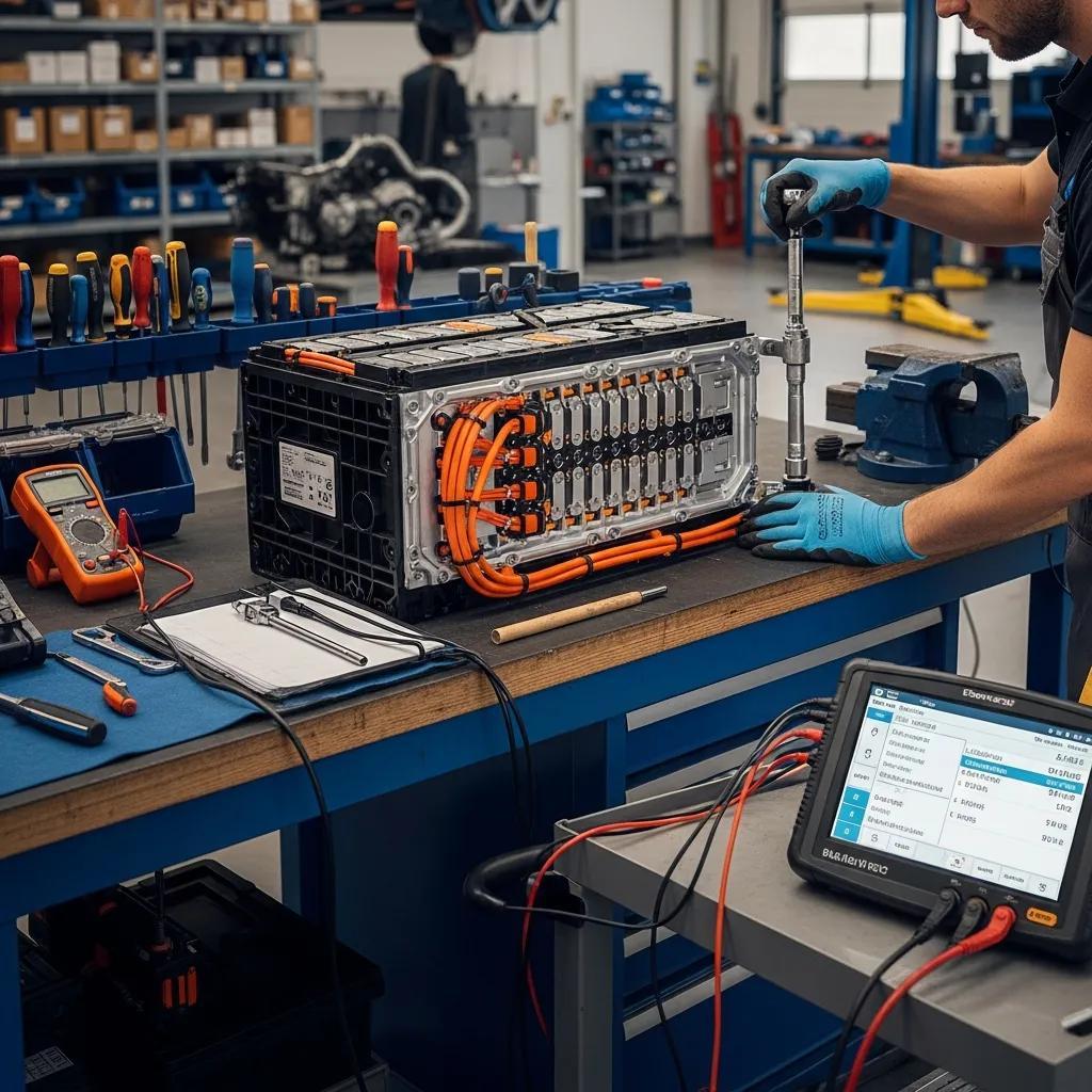 Technician servicing a BMW battery and registering a new battery for correct charging