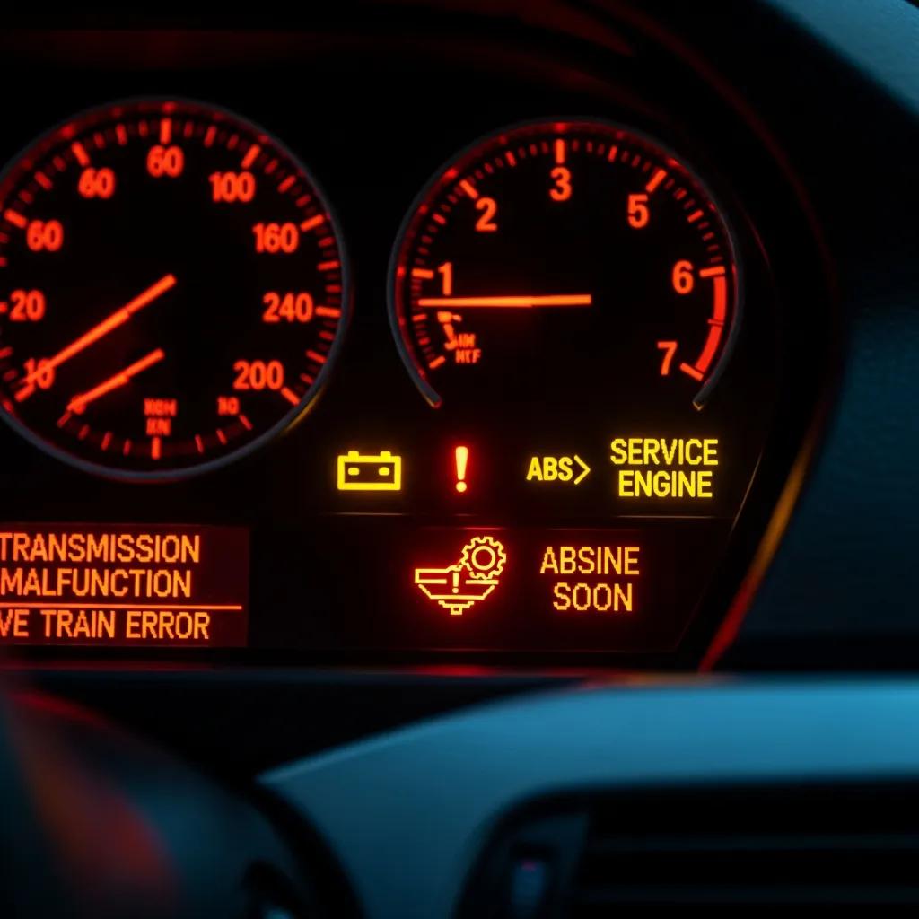 BMW instrument cluster showing transmission and warning lights