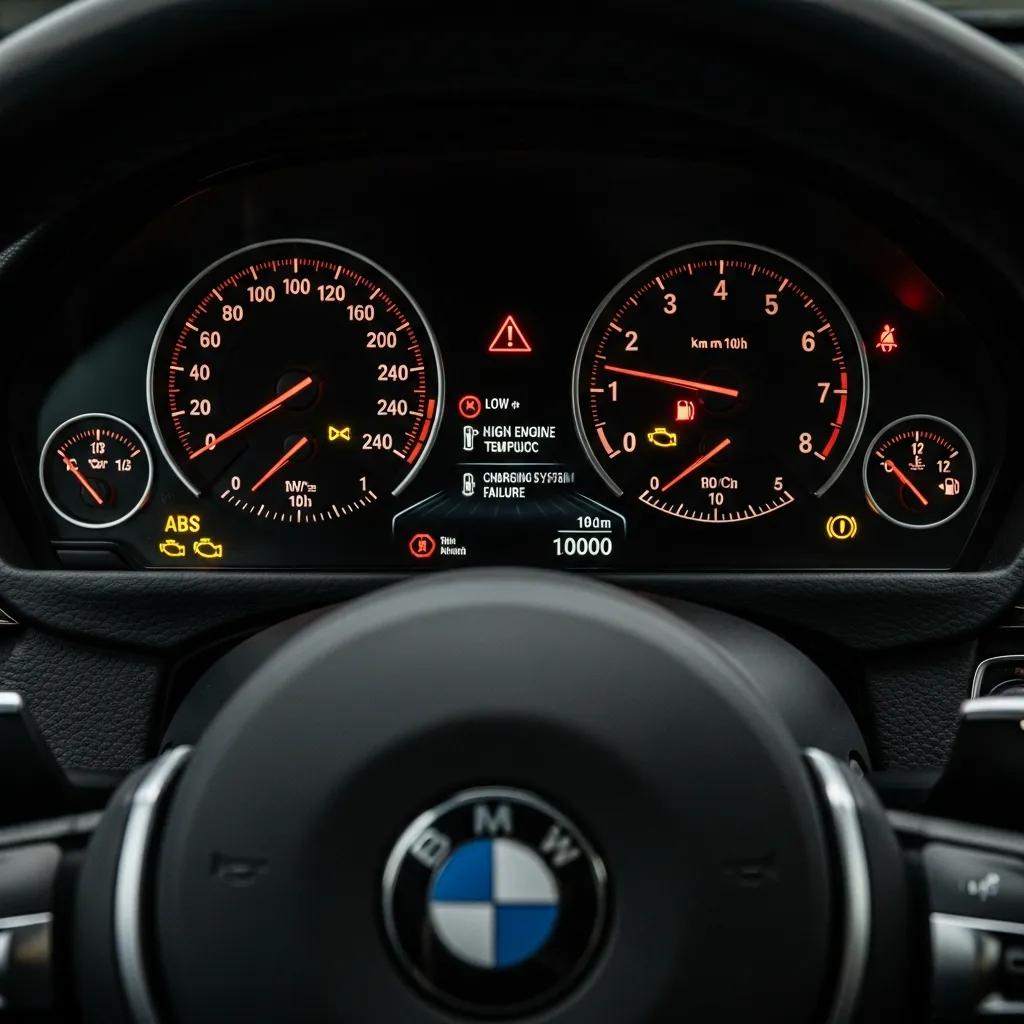 BMW instrument cluster with warning lights illuminated — know what each symbol means before you hit the road