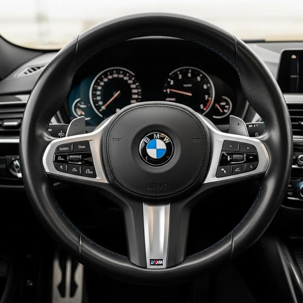 BMW steering wheel featuring luxury design and performance controls, highlighting potential causes of steering wheel vibration in BMW vehicles.