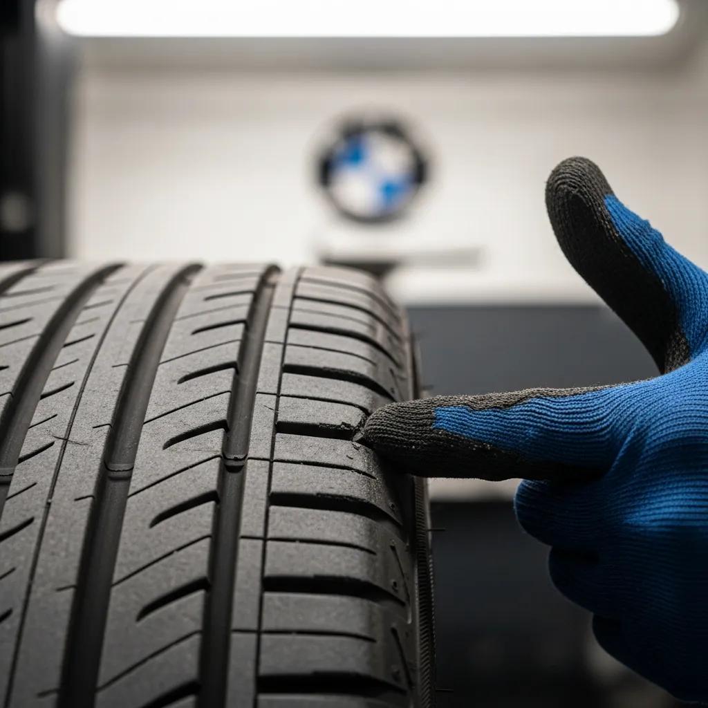 Close-up of inner-edge wear on a BMW tire indicating camber or suspension issues