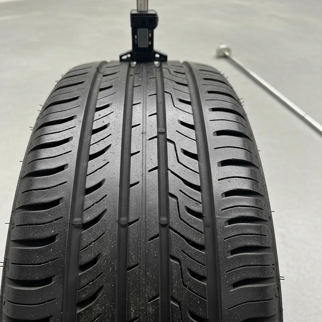Close-up of a BMW tire showing uneven wear patterns, highlighting scalloping and bald patches, relevant to diagnosing tire issues and suspension problems in BMW vehicles.