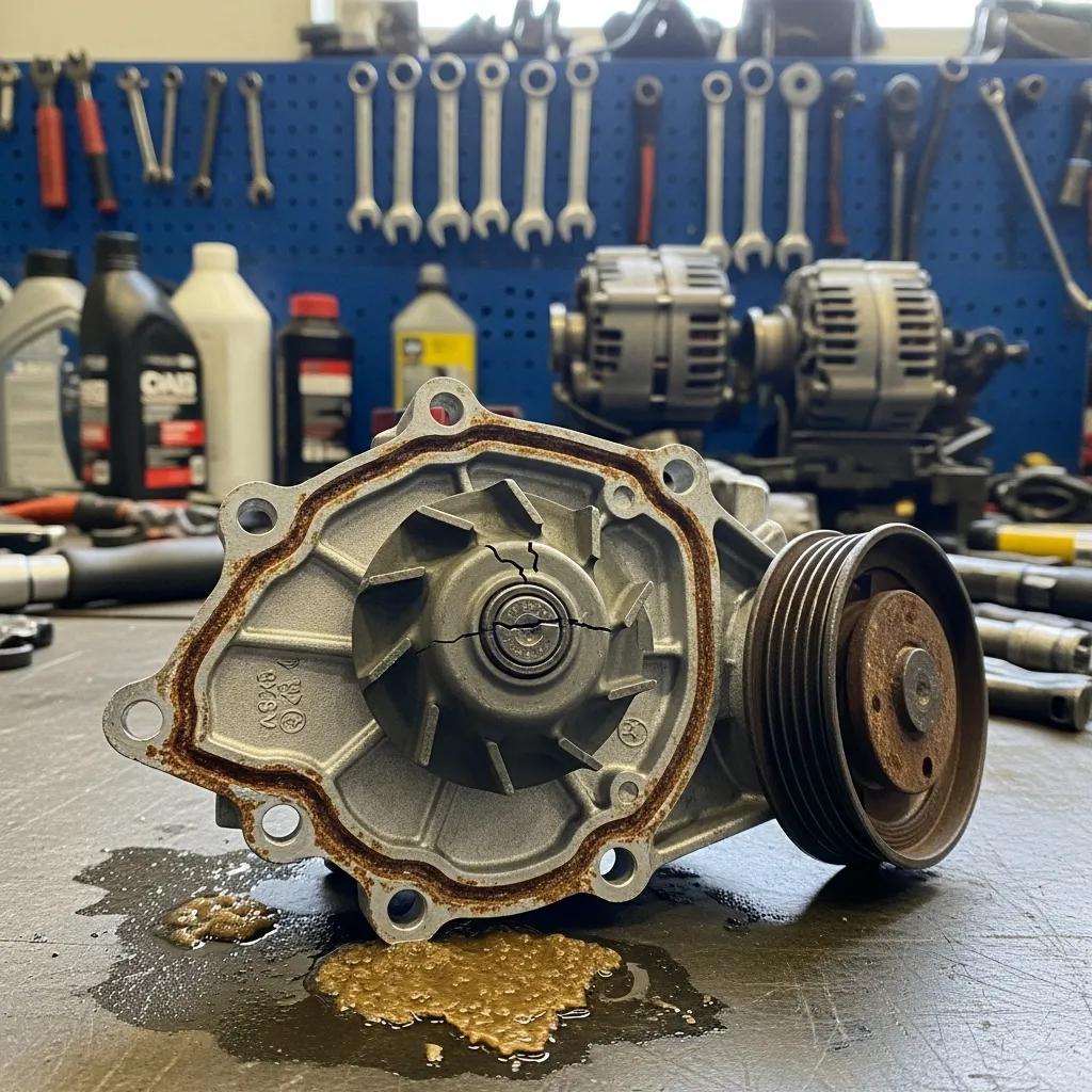 Close-up of a BMW water pump showing signs of failure