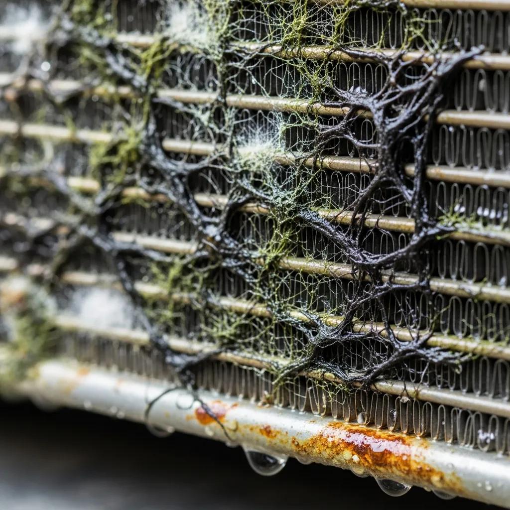 Close-up view of an evaporator coil where trapped moisture can promote mold growth