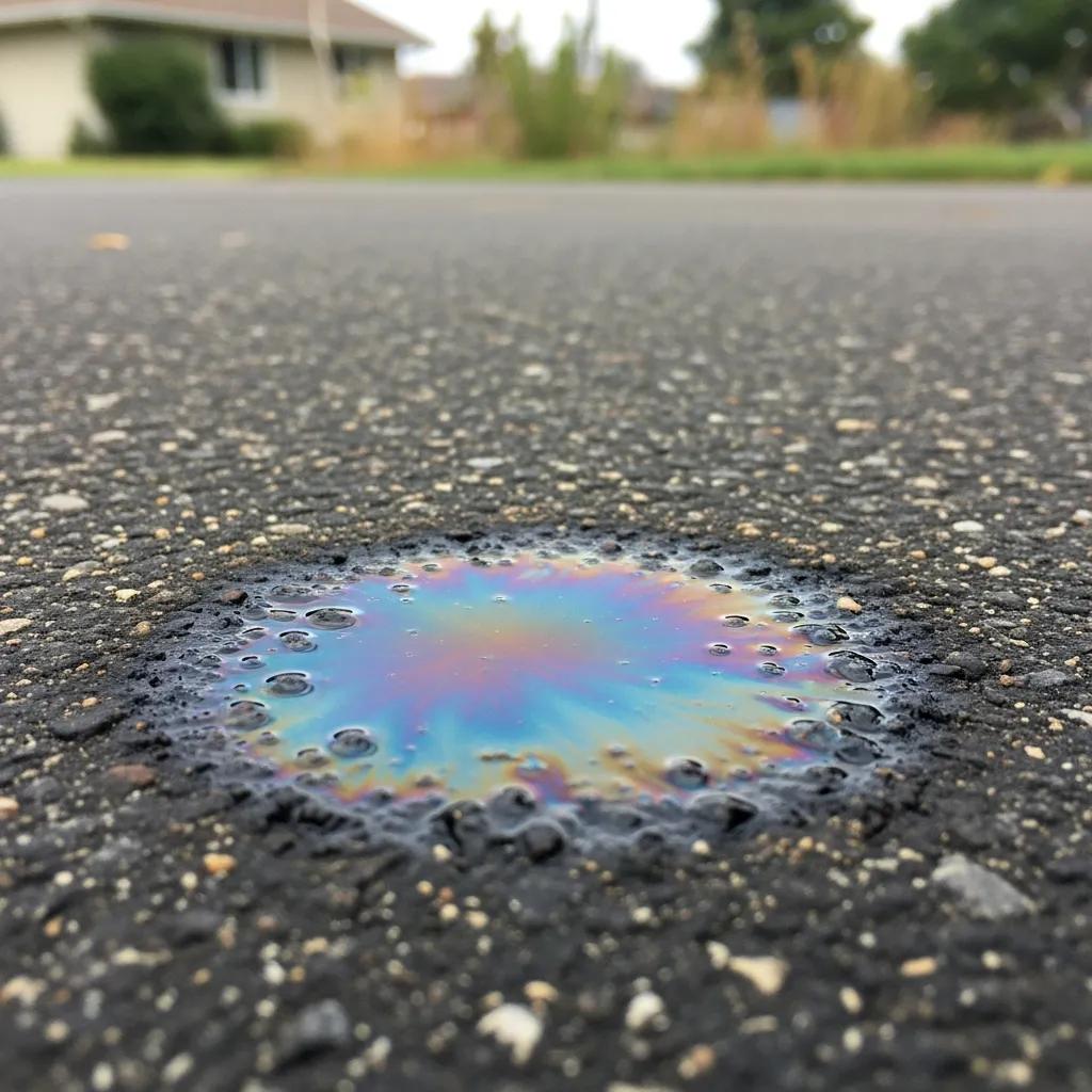Close-up of an oil spot on a driveway under a car — signs to watch for