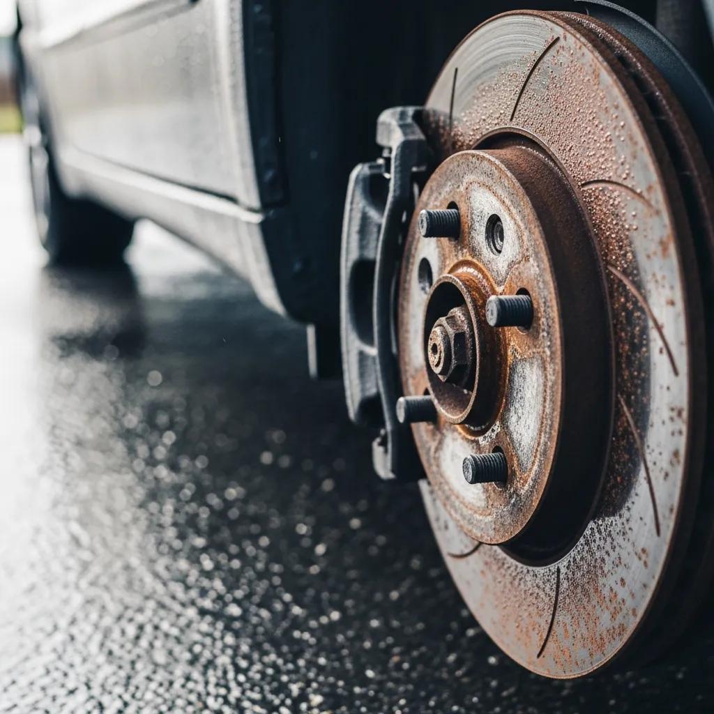 Close-up of brake rotors with light surface rust from overnight moisture