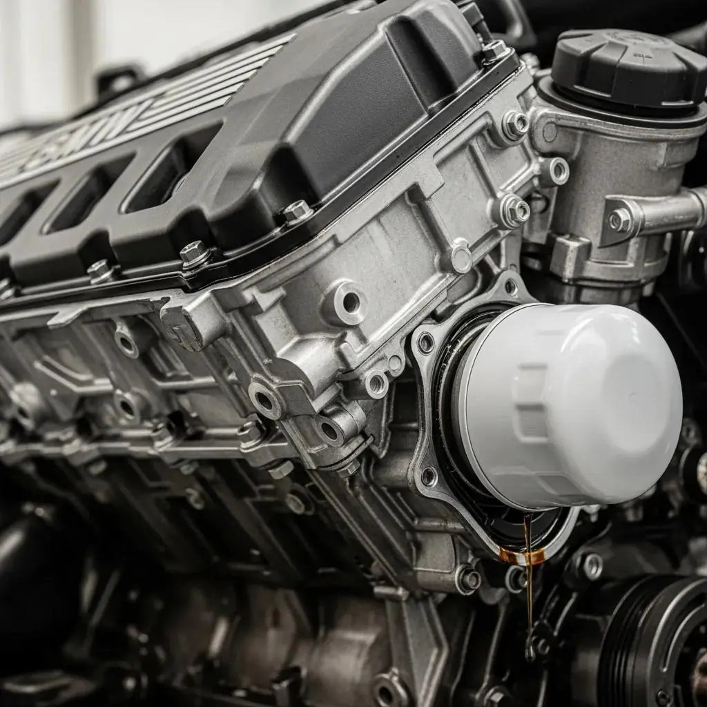 Close-up of common BMW engine areas where oil leaks often develop
