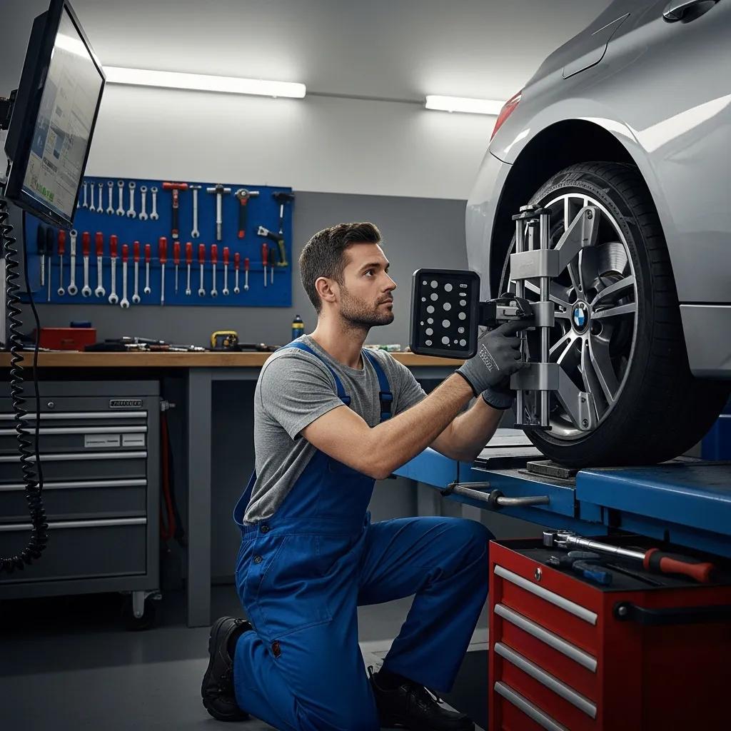 Mechanic adjusting wheel alignment on a BMW in a garage, highlighting tire condition and suspension components for optimal vehicle handling.