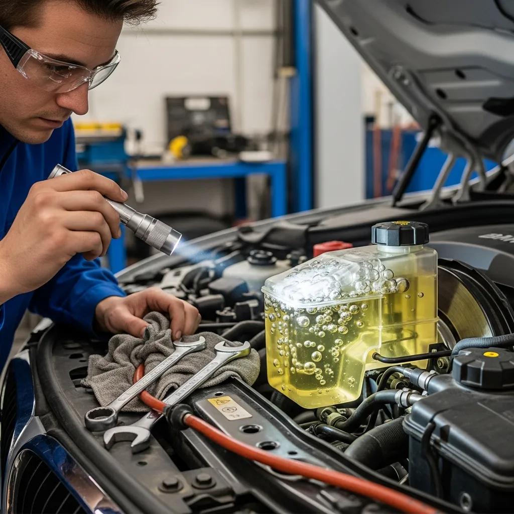 Mechanic inspecting BMW brake fluid reservoir with bubbles, indicating potential air in brake lines, surrounded by tools in a workshop setting.