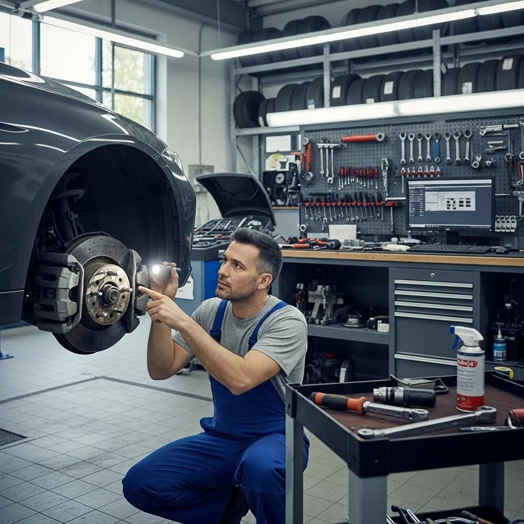 Schneller BMW technician checking brake components in the workshop