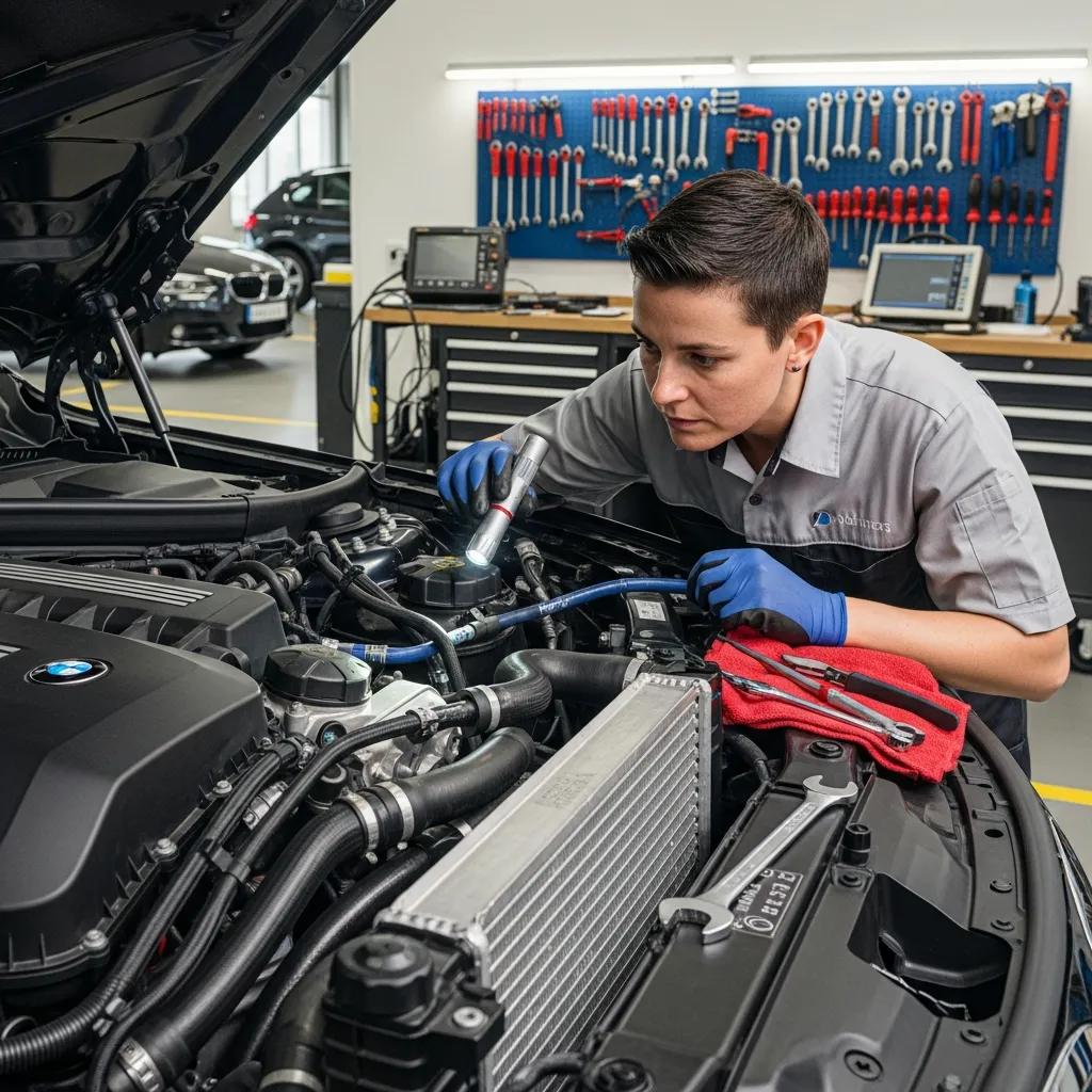 Technician checking BMW cooling system components during routine maintenance