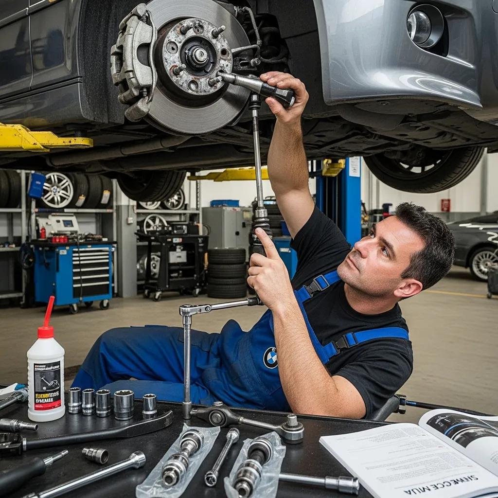 Technician inspecting BMW steering components at our North Andover shop