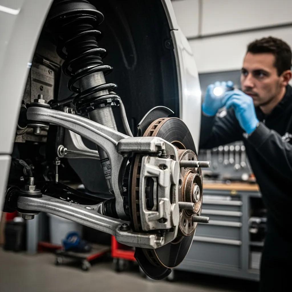 Technician inspecting BMW suspension components in the shop for pothole damage