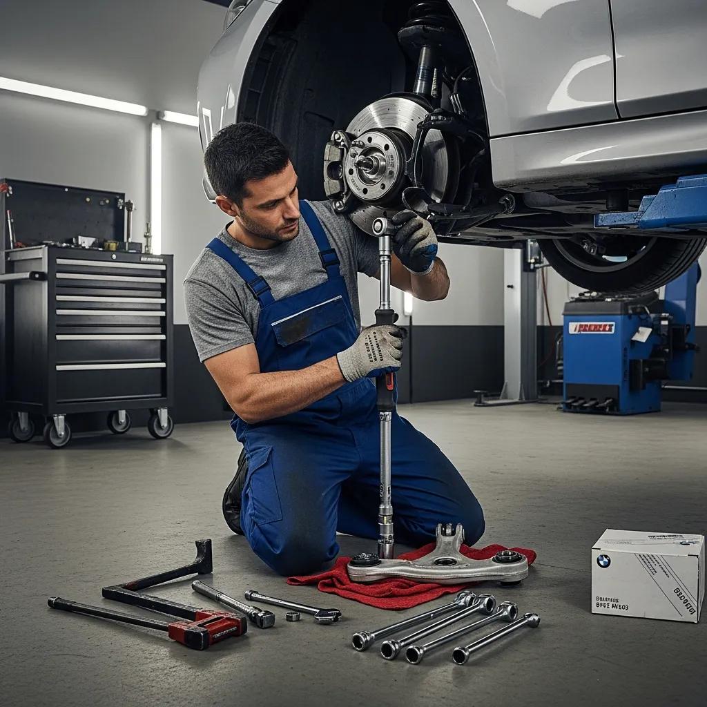 Technician at Schneller BMW repairing suspension to prevent further tire damage