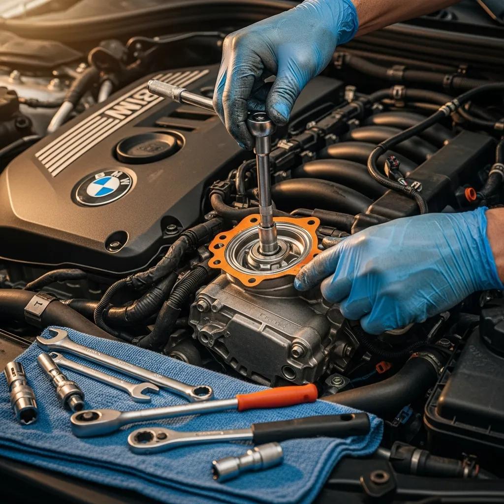 Technician replacing an oil filter housing gasket on a BMW engine