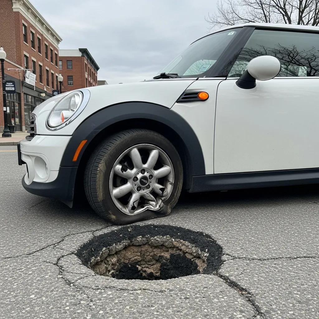 Mini Cooper next to a pothole &mdash; checking tires and suspension for uneven wear and damage