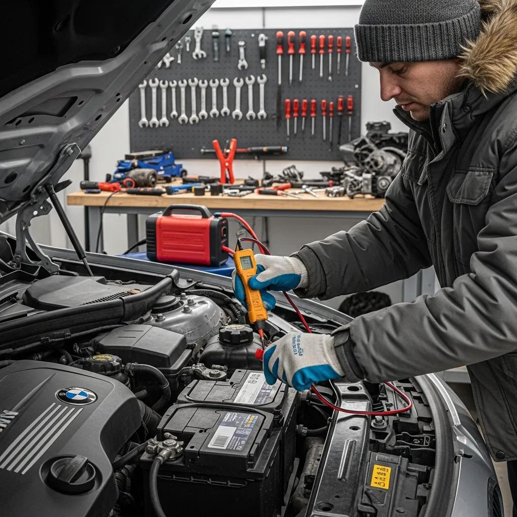 Technician checking a BMW battery indoors as part of winter maintenance