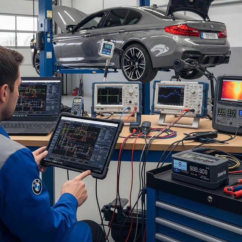 Technician using factory-level diagnostic tools on a BMW &mdash; live data and OEM software help pinpoint check engine light causes