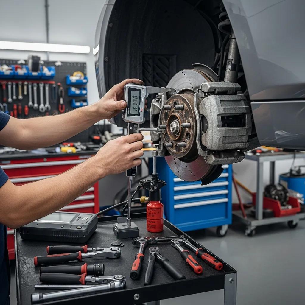 Technician using diagnostic tools to assess BMW brake system, measuring components with precision instruments in a professional workshop setting.