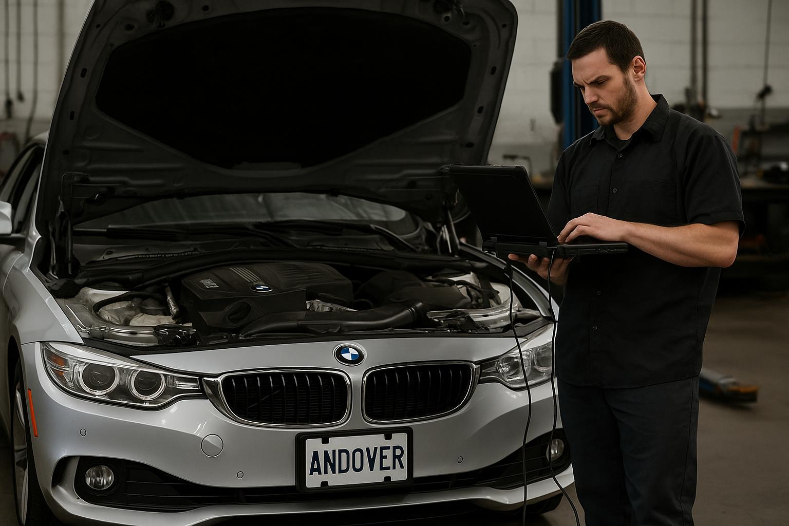 Mechanic inspecting BMW tire for fall service checklist
