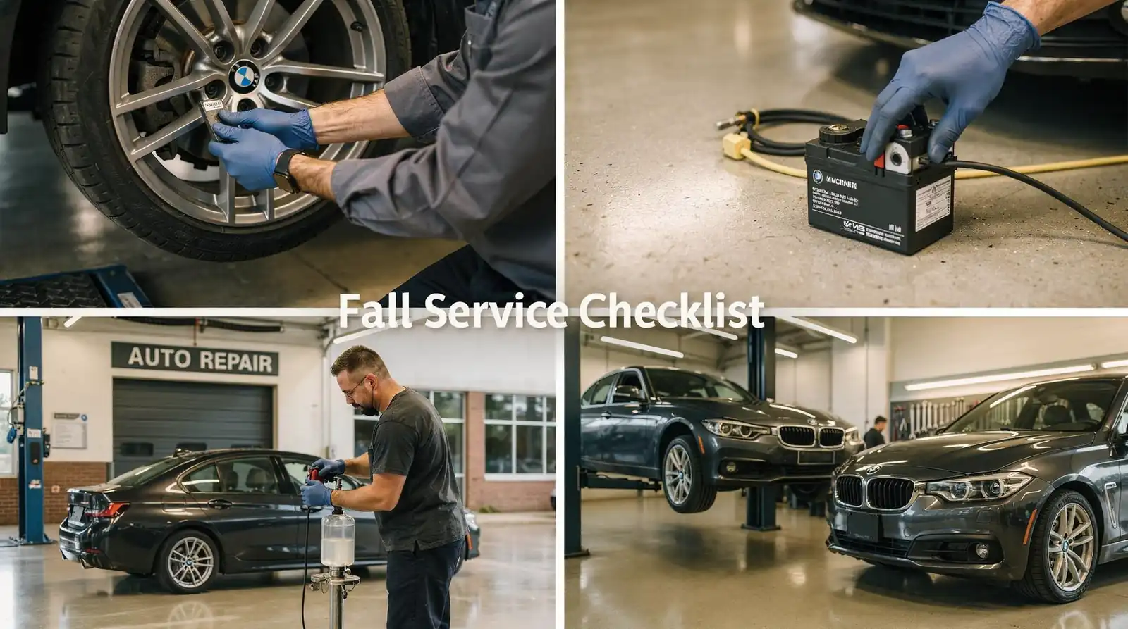 The core fall checklist covers tires, battery, fluids, brakes, and the cooling system.; Every service